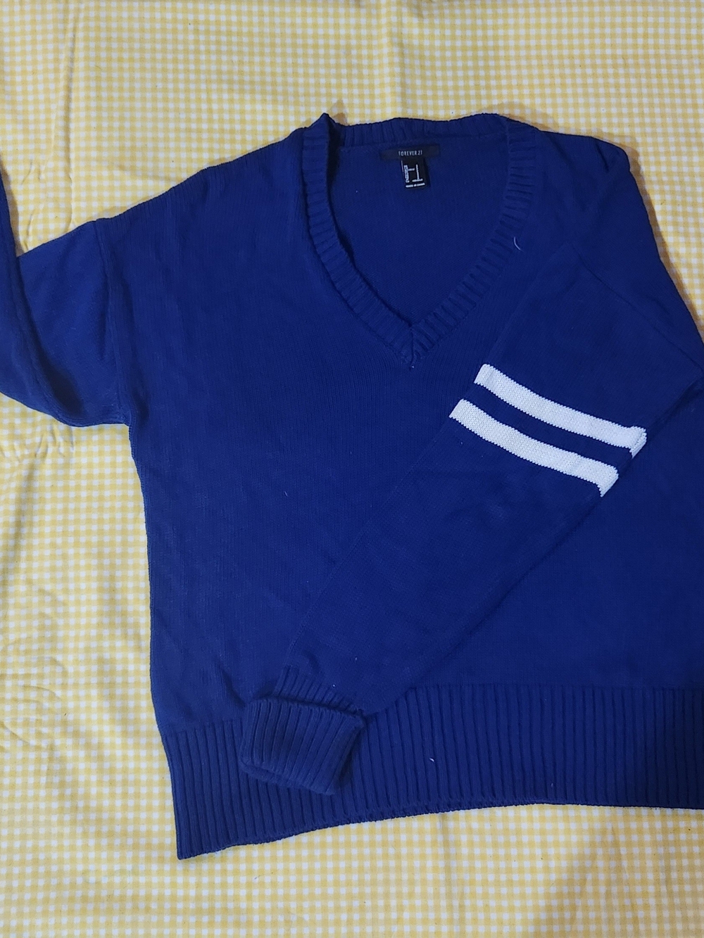 Forever 21 V-Neck Sweater in Royal Blue with White Stripes